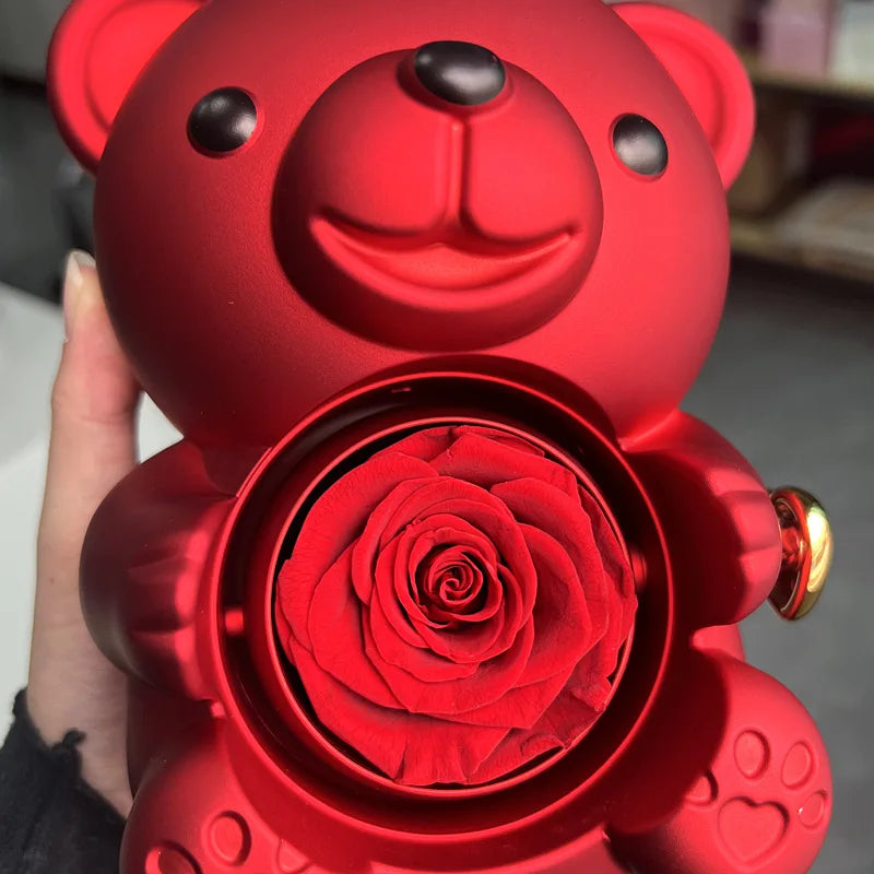 Eternal Rose Teddy Bear Gift Box with Rotating Rose Jewelry Box & Necklace