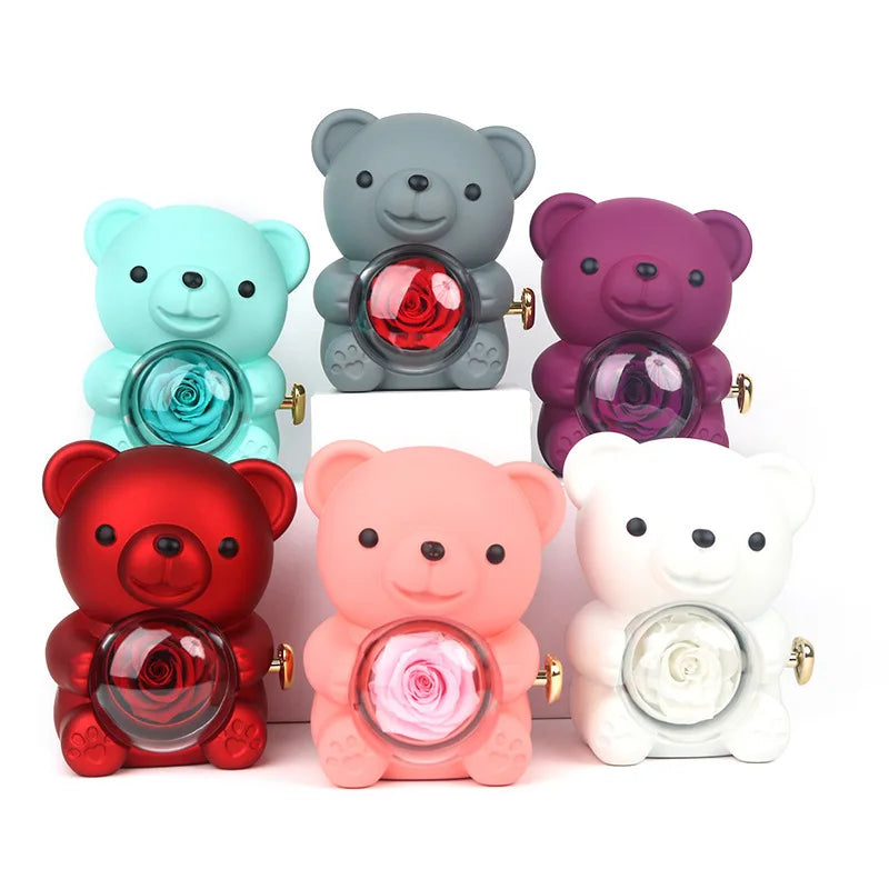 Eternal Rose Teddy Bear Gift Box with Rotating Rose Jewelry Box & Necklace