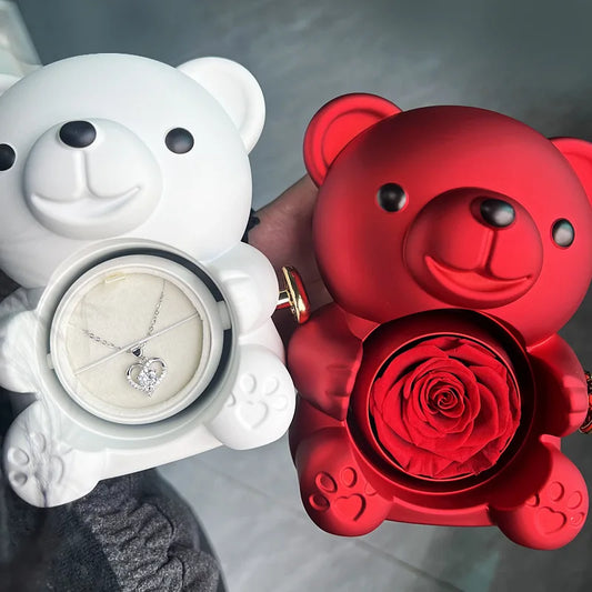 Eternal Rose Teddy Bear Gift Box with Rotating Rose Jewelry Box & Necklace