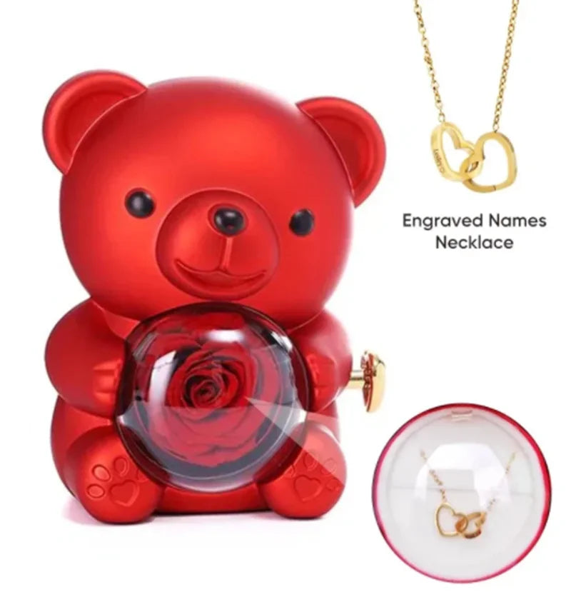 Eternal Rose Teddy Bear Gift Box with Rotating Rose Jewelry Box & Necklace