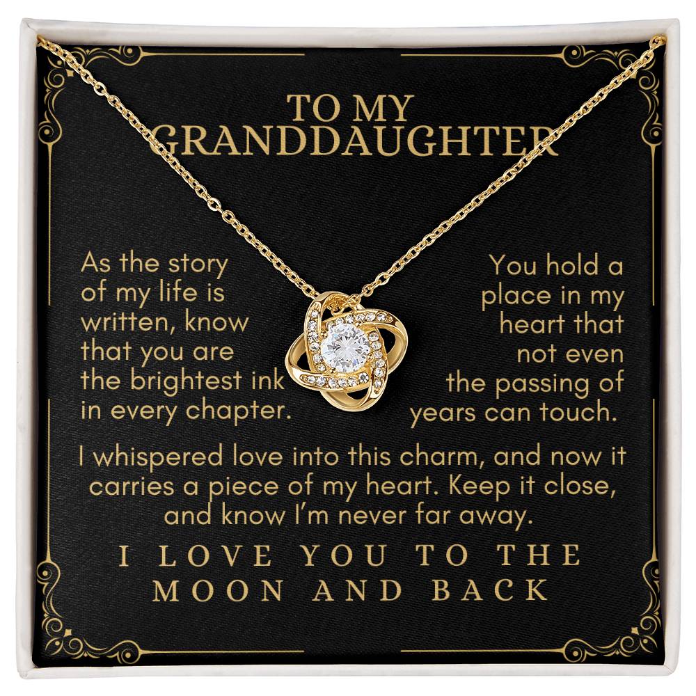 To My Granddaughter: Love Knot Necklace, Carrying My Heart Close Through Time (Black Background)