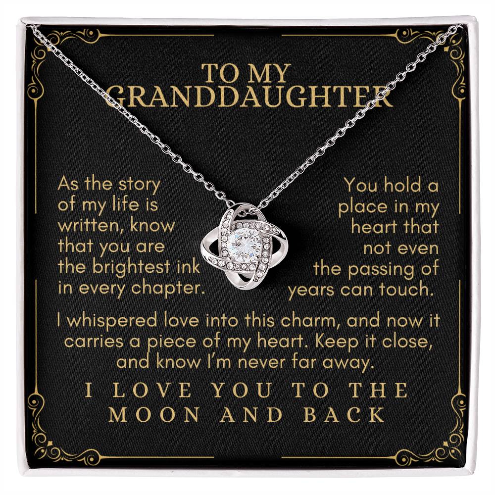 To My Granddaughter: Love Knot Necklace, Carrying My Heart Close Through Time (Black Background)