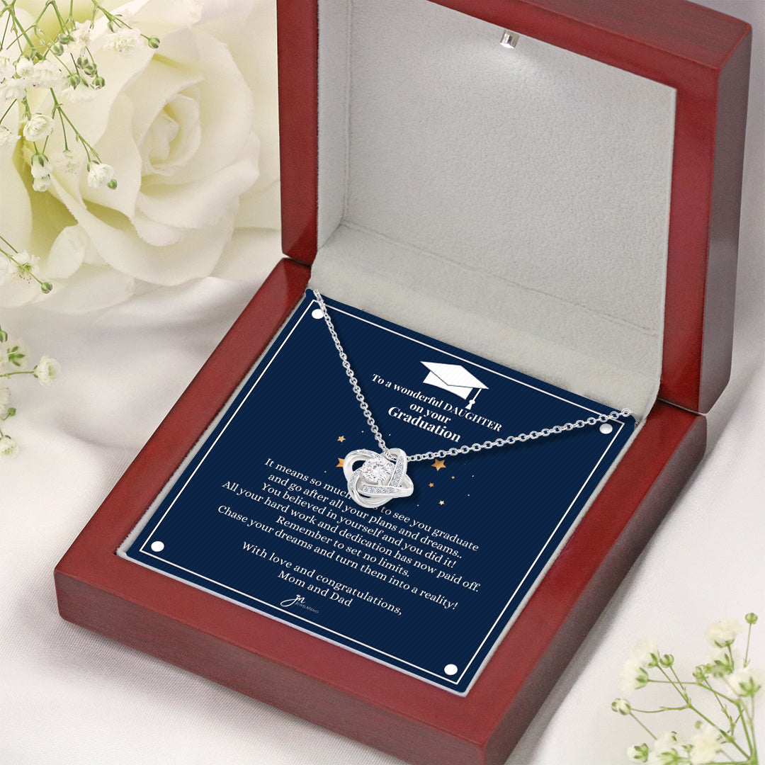 To A Wonderful Daughter Graduation Necklace - Love Knot Blue Card