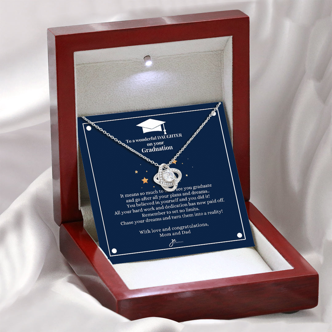 To A Wonderful Daughter Graduation Necklace - Love Knot Blue Card