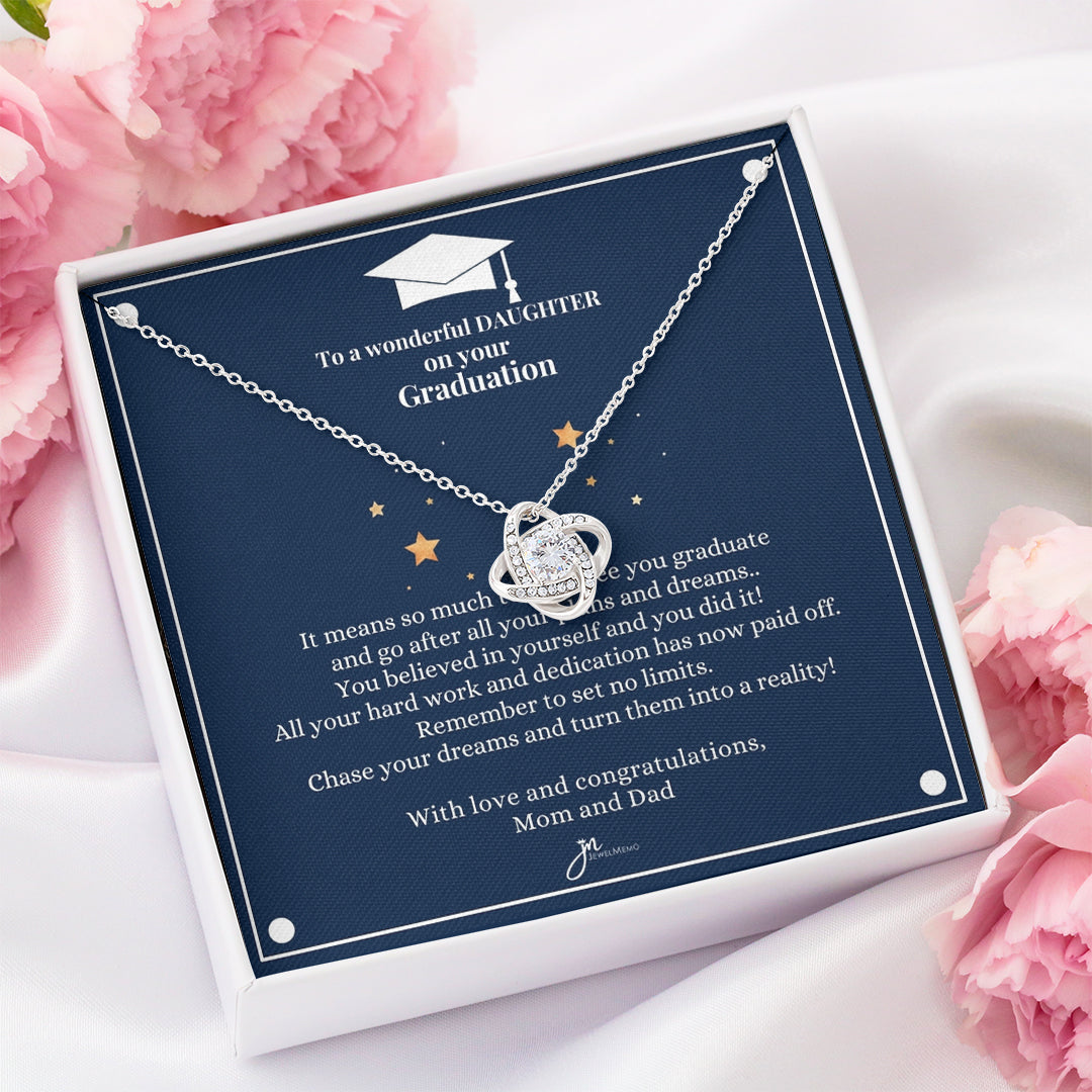 To A Wonderful Daughter Graduation Necklace - Love Knot Blue Card