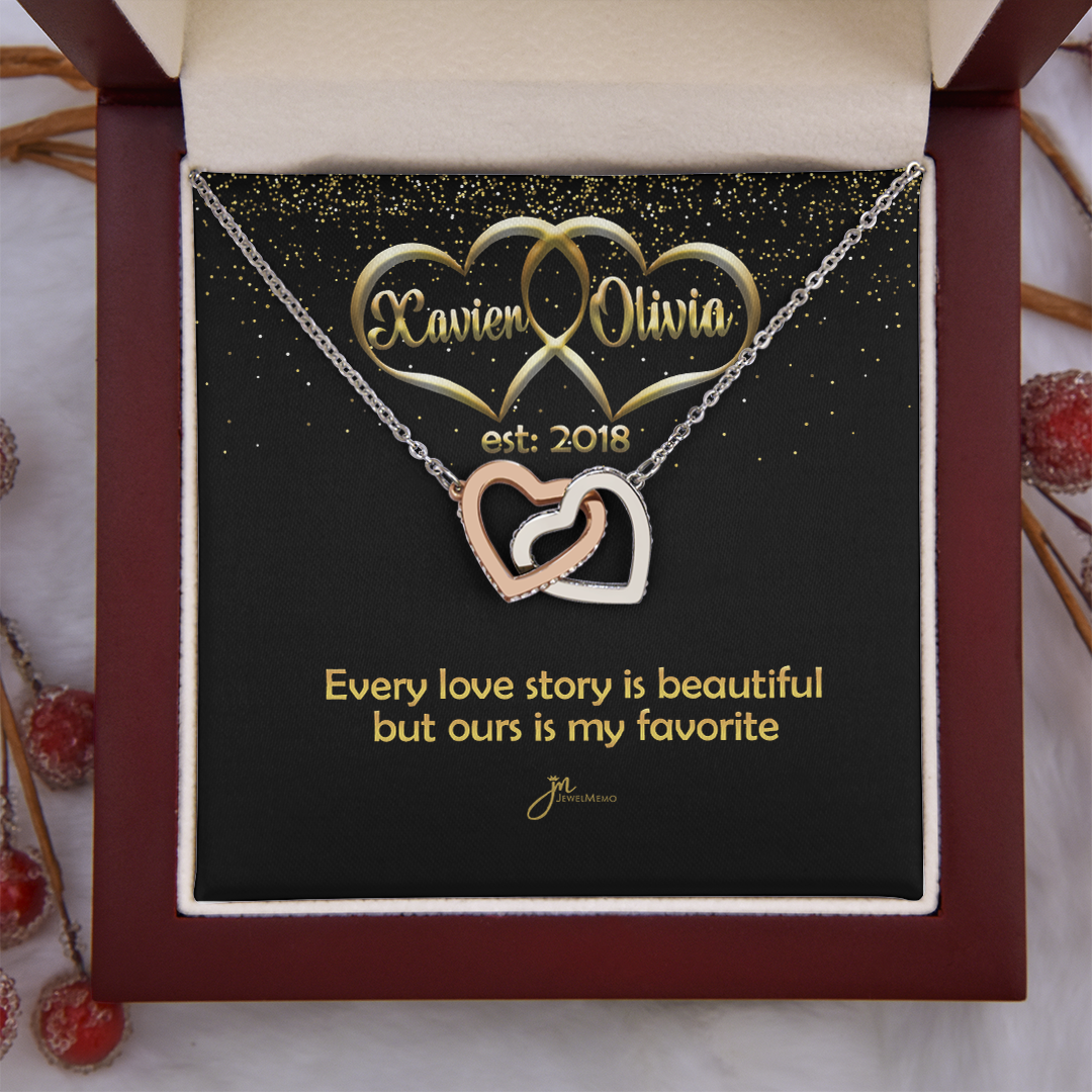 Personalized My Favorite Love Story Interlocking Hearts Necklace