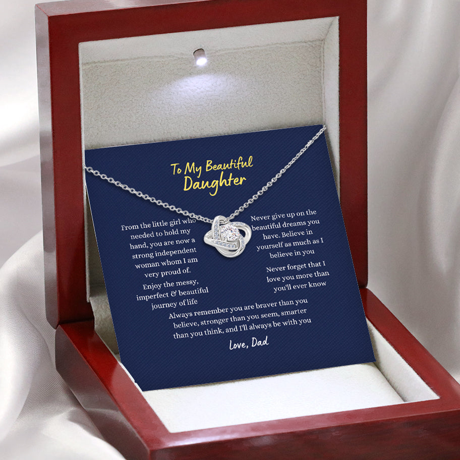 To My Beautiful Daughter Love Knot Necklace - Blue Card